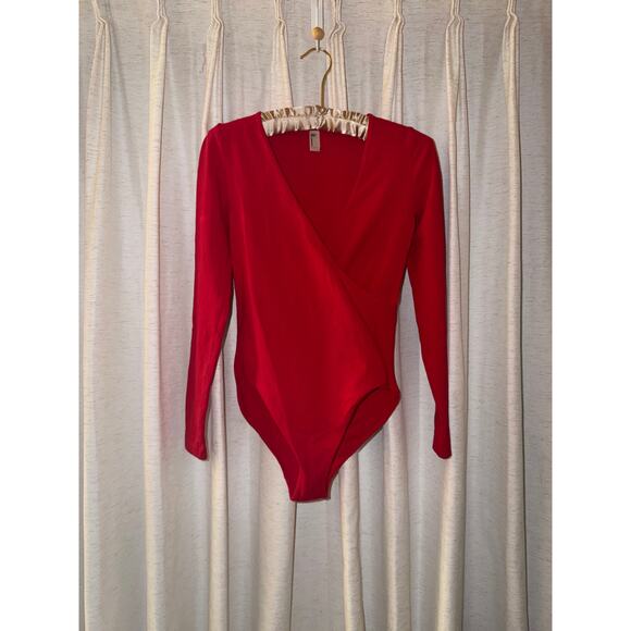 American Apparel Red Bodysuit M Cotton Long Sleeve Ballet Wrap Made USA Holiday - Picture 2 of 11